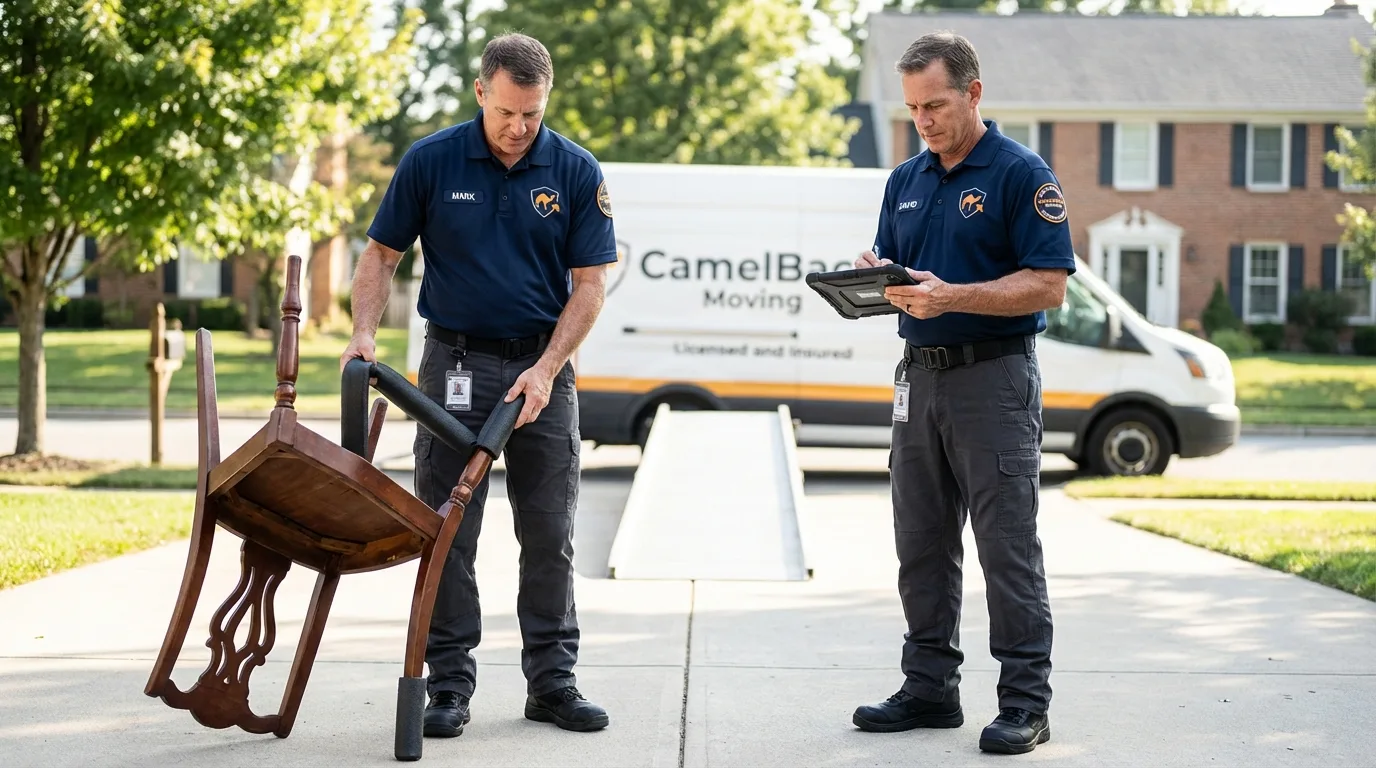 Movers inspecting furniture for damage prevention before loading in Pearisburg, VA
