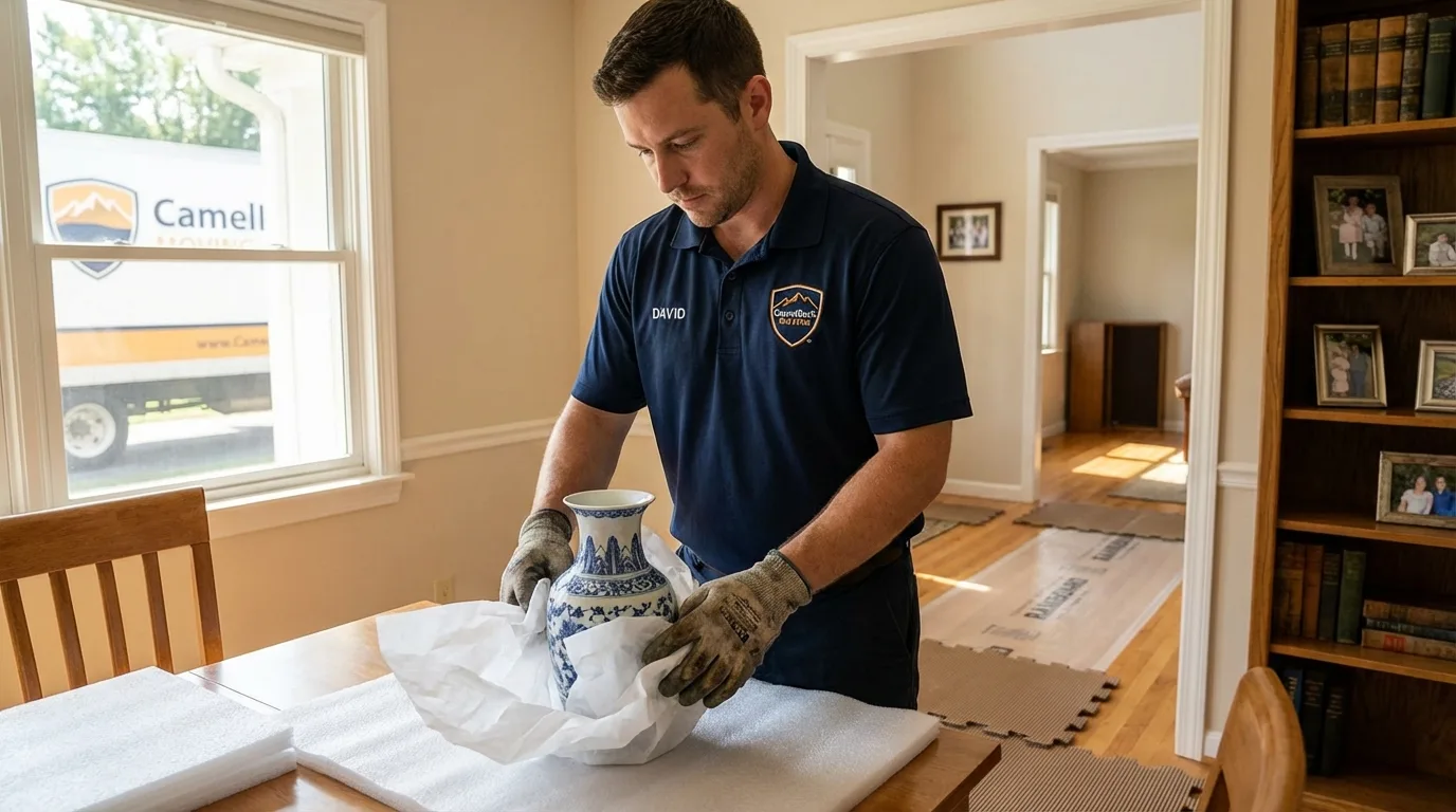 Professional crew carefully wrapping antique vase for senior downsizing move in Pearisburg, VA